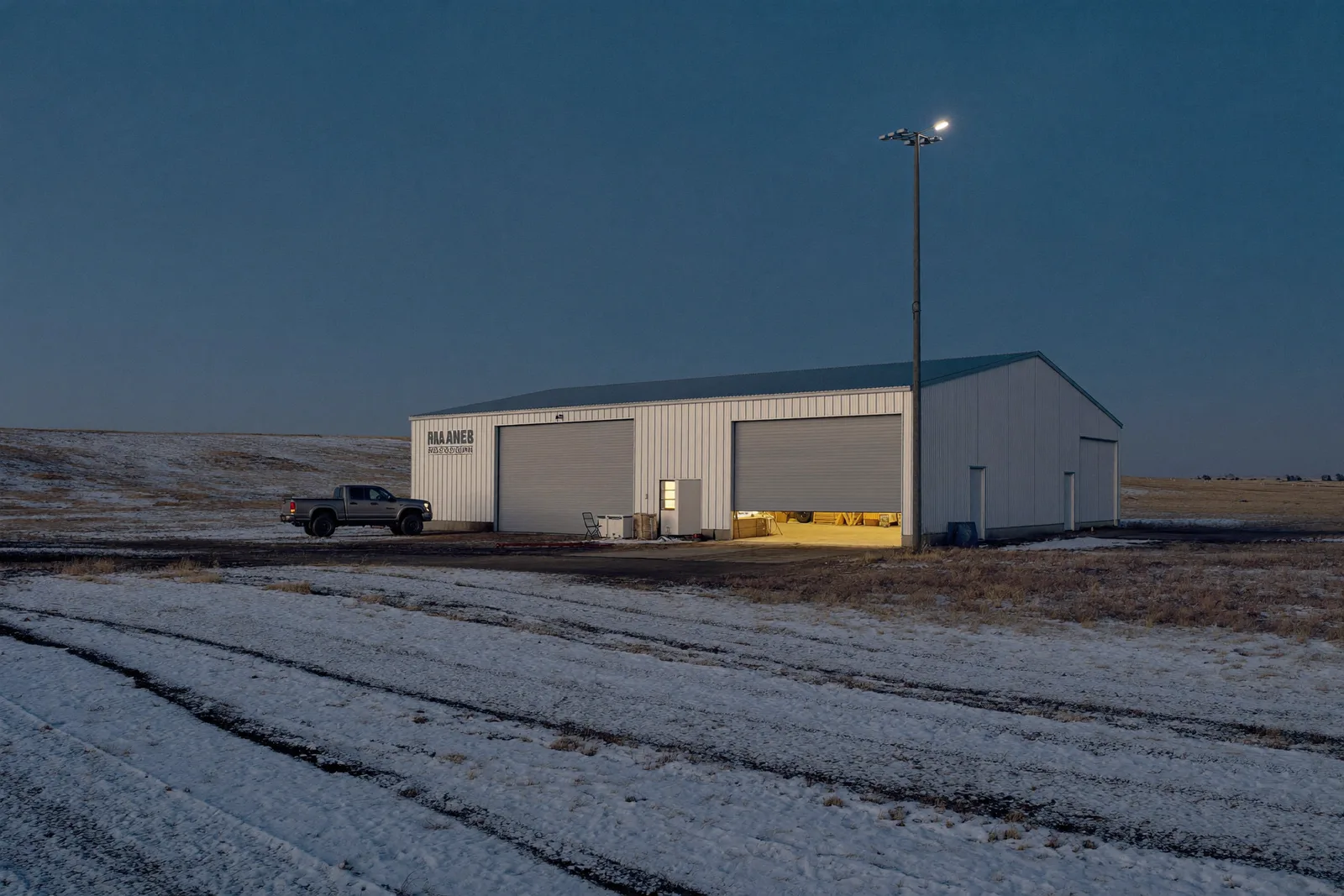 A steel commercial shop building glowing warm on a winter evening
