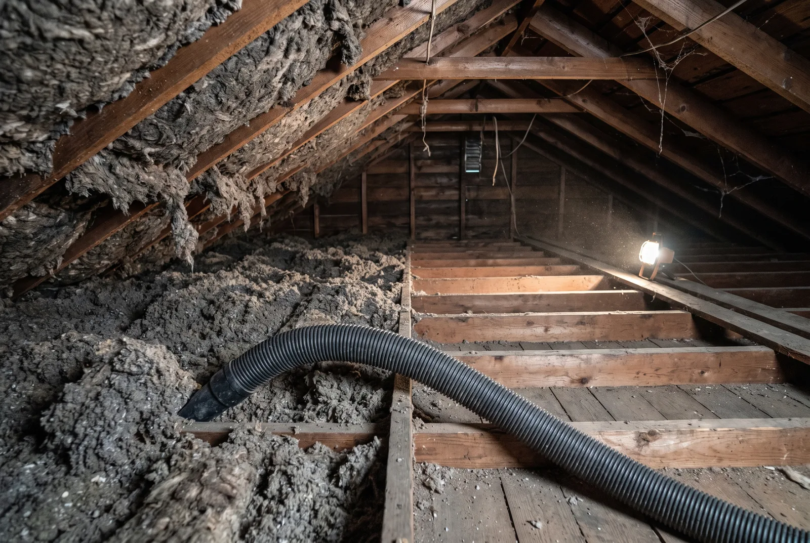 Vacuum hose removing old insulation from between attic joists