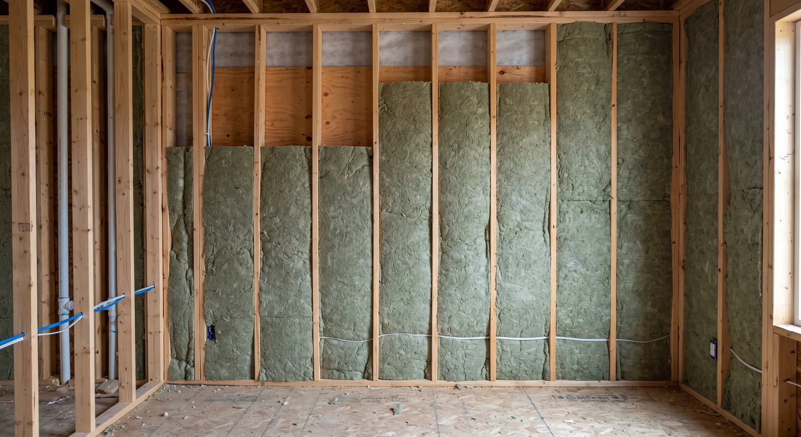 Mineral wool batts fitted between wall studs around an electrical box