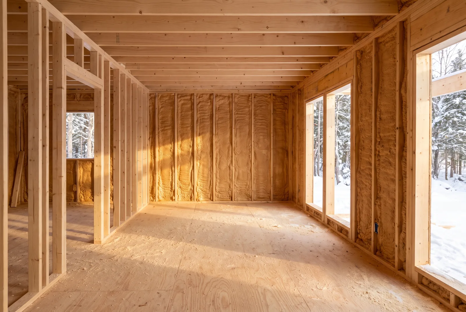 Newly framed house with spray foamed exterior walls in winter