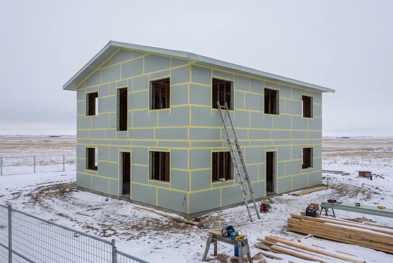 Rigid foam board sheathing with taped seams on a house under construction in winter