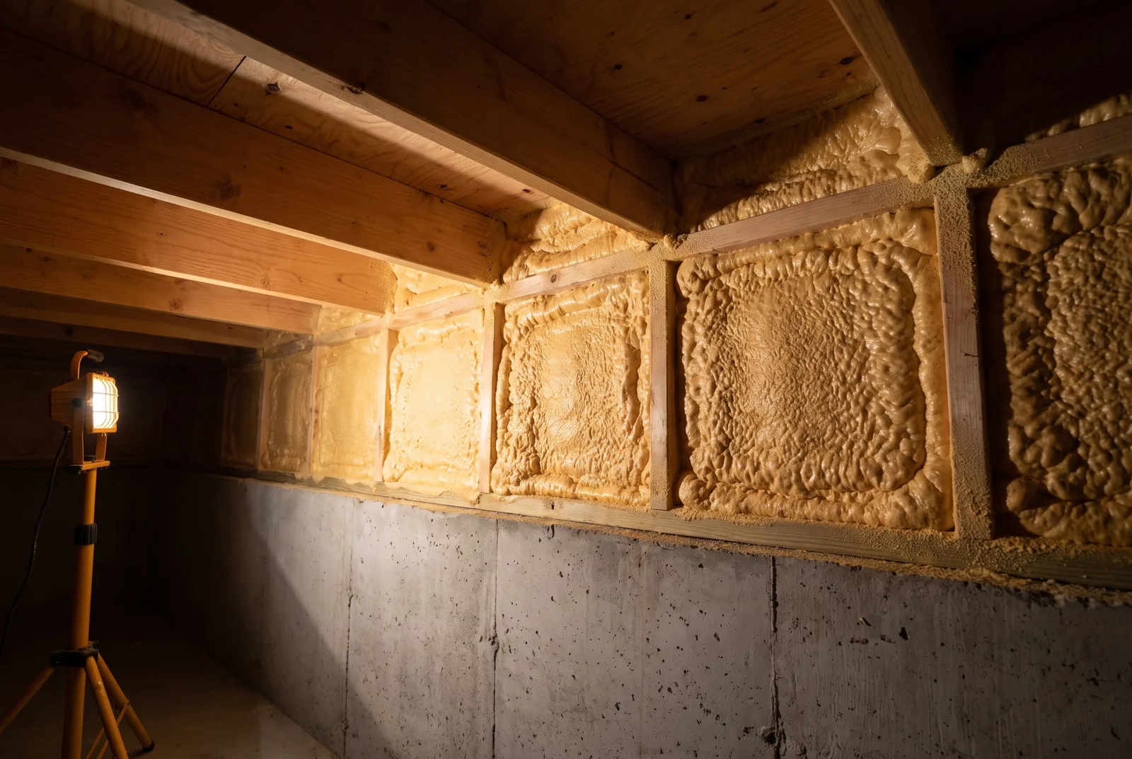 Rim joist bays filled with closed-cell spray foam above a concrete foundation wall