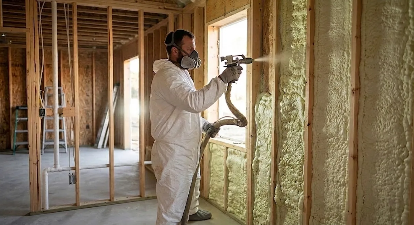 Installer in a protective suit spraying foam into the stud bays of a framed wall